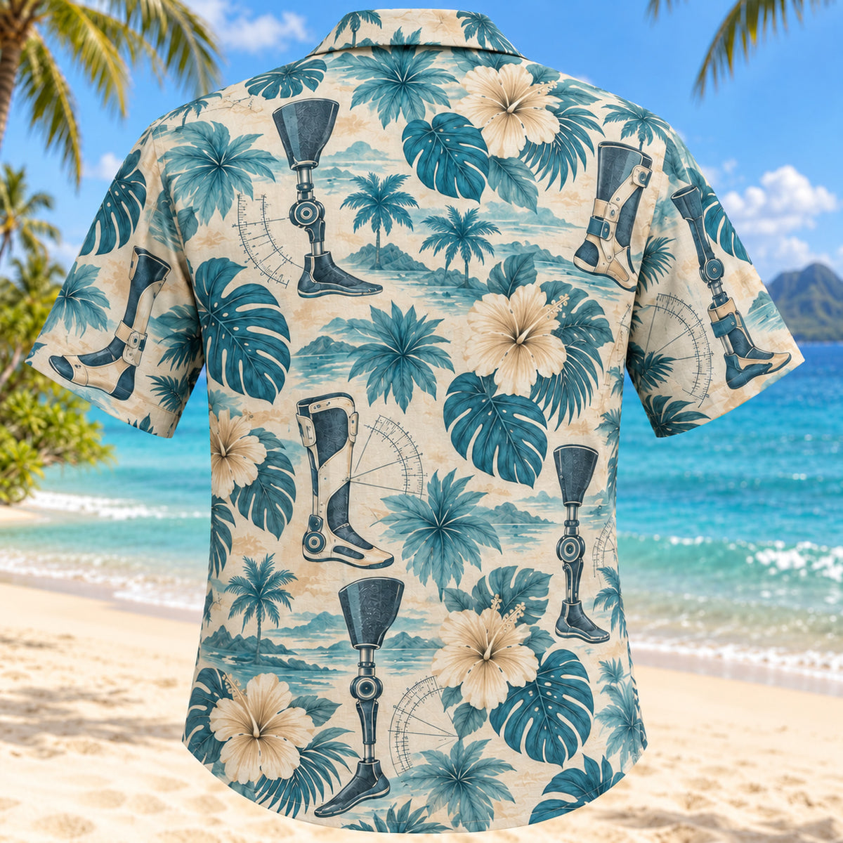 Back view of Joint Garden Aqua Sand Orthotist and Prosthetist Hawaiian Shirt with matching artwork in muted aqua, sand cream, deep teal