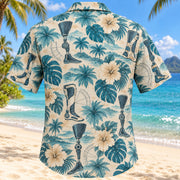 Back view of Joint Garden Aqua Sand Orthotist and Prosthetist Hawaiian Shirt with matching artwork in muted aqua, sand cream, deep teal