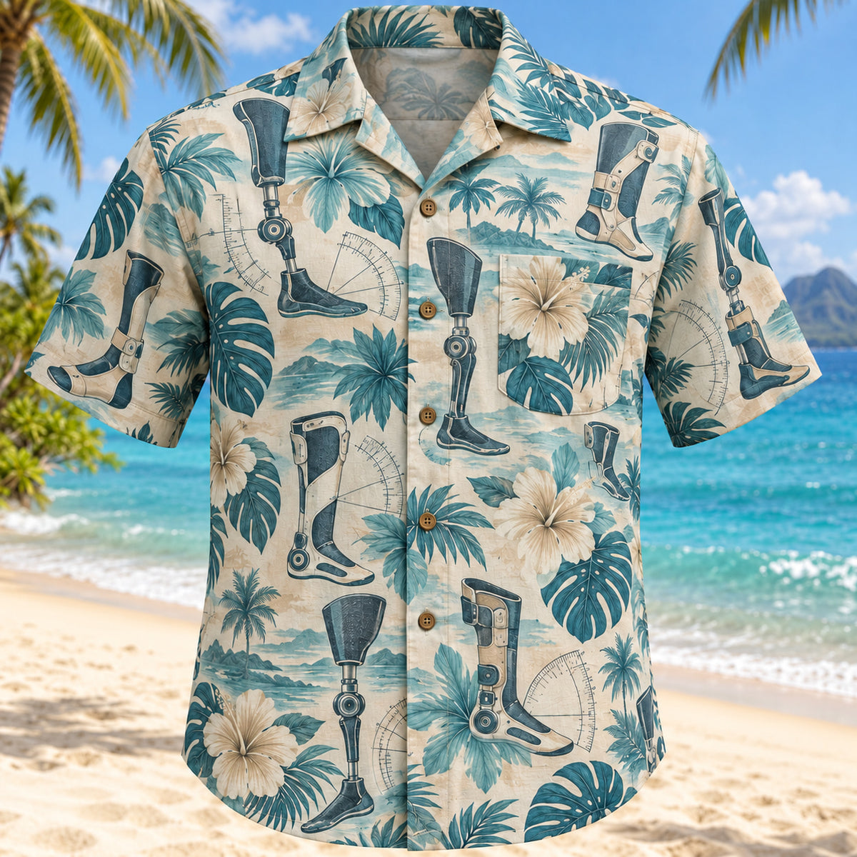 Front view of Joint Garden Aqua Sand Orthotist and Prosthetist Hawaiian Shirt with original generic mechanical joints, measuring arcs and hibiscus without vendor designs