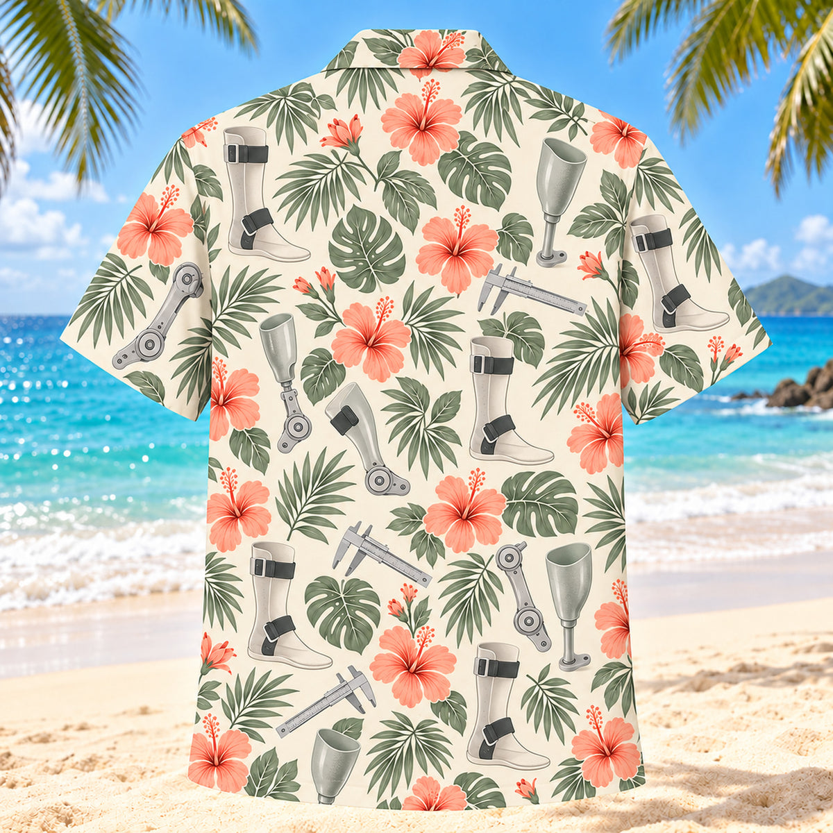 Back view of Joint Garden Coral Sage Orthotist and Prosthetist Hawaiian Shirt with matching artwork in soft coral, sage, cream