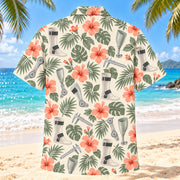Back view of Joint Garden Coral Sage Orthotist and Prosthetist Hawaiian Shirt with matching artwork in soft coral, sage, cream