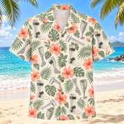 Front view of Joint Garden Coral Sage Orthotist and Prosthetist Hawaiian Shirt with original generic mechanical joints, measuring arcs and hibiscus without vendor designs