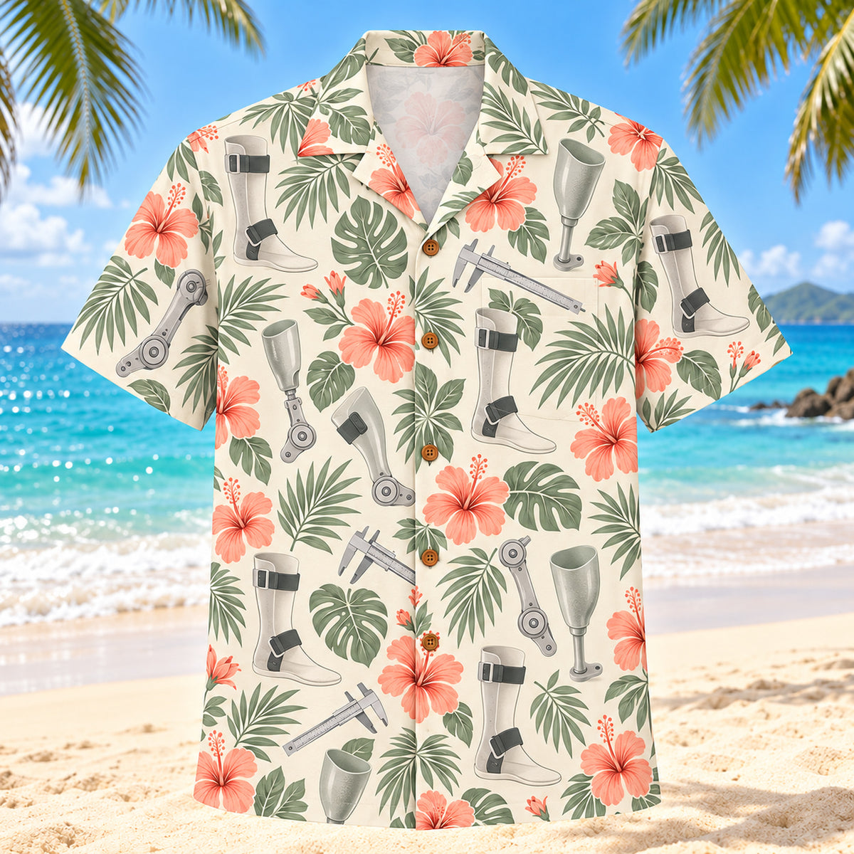 Front view of Joint Garden Coral Sage Orthotist and Prosthetist Hawaiian Shirt with original generic mechanical joints, measuring arcs and hibiscus without vendor designs