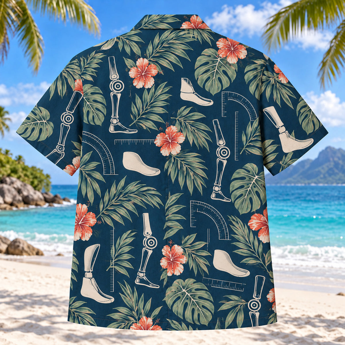 Back view of Joint Measure Orthotist and Prosthetist Hawaiian Shirt with matching artwork in navy teal, ivory, sage, muted coral