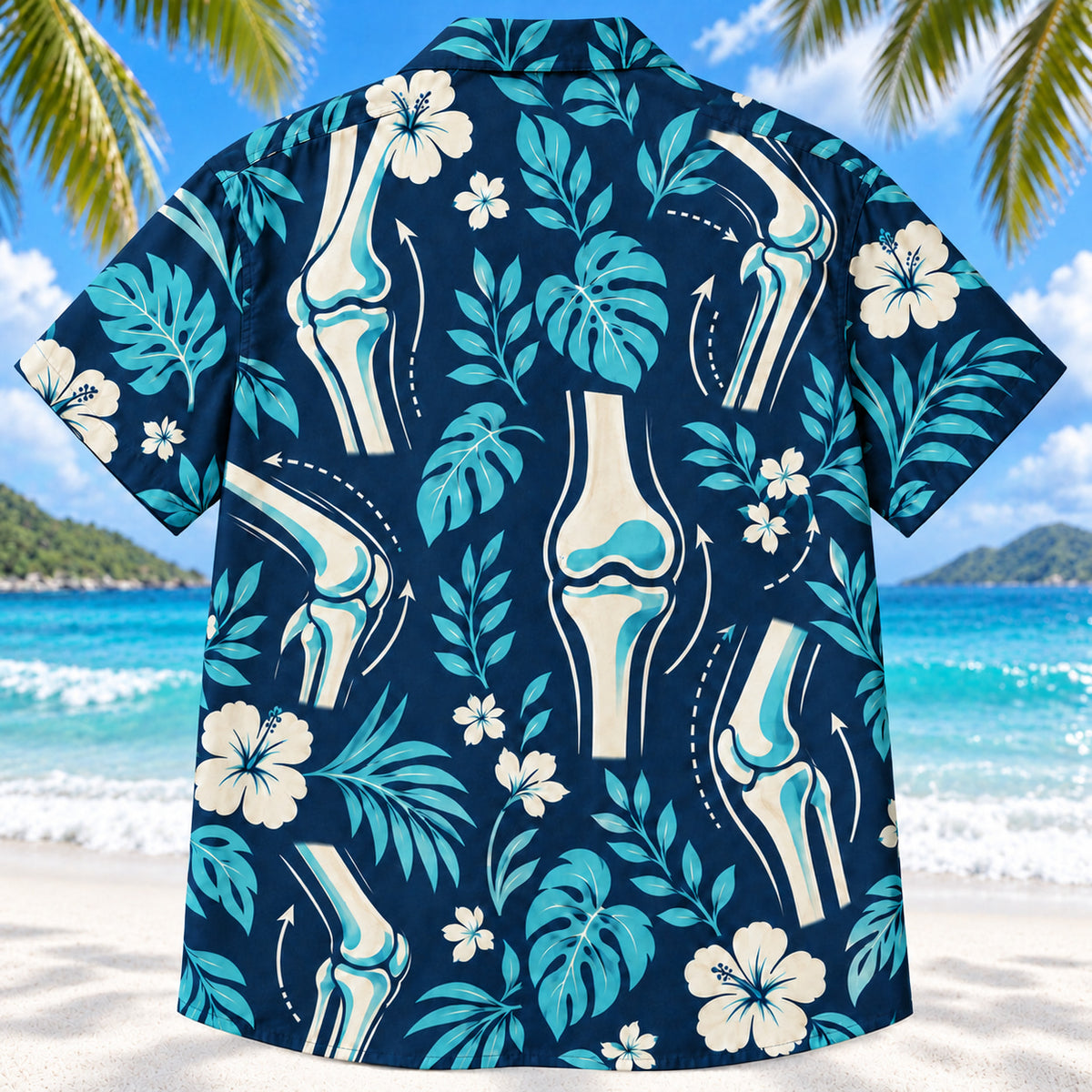 Back view of Joint Motion Navy Physical Therapist Hawaiian Shirt on a Hawaiian beach with fine white sand