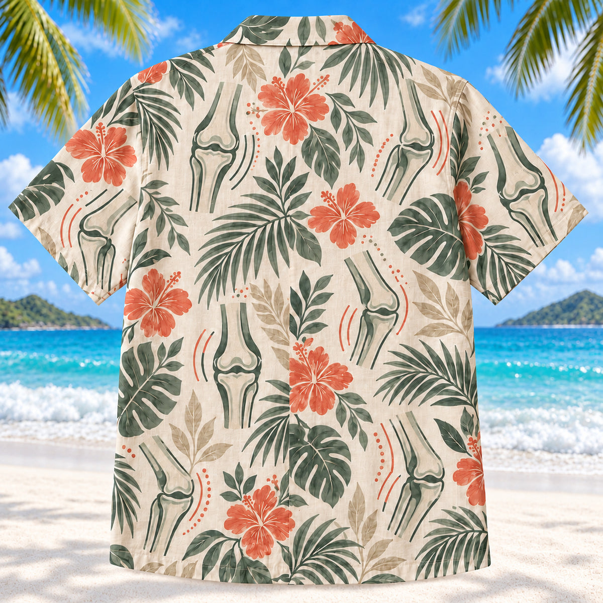 Back view of Joint Motion Sage Physical Therapist Hawaiian Shirt on a Hawaiian beach with fine white sand