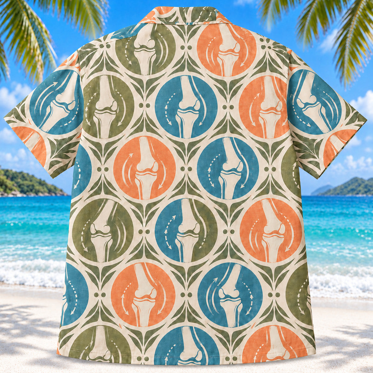 Back view of Joint Motion Sunset Physical Therapist Hawaiian Shirt on a Hawaiian beach with fine white sand