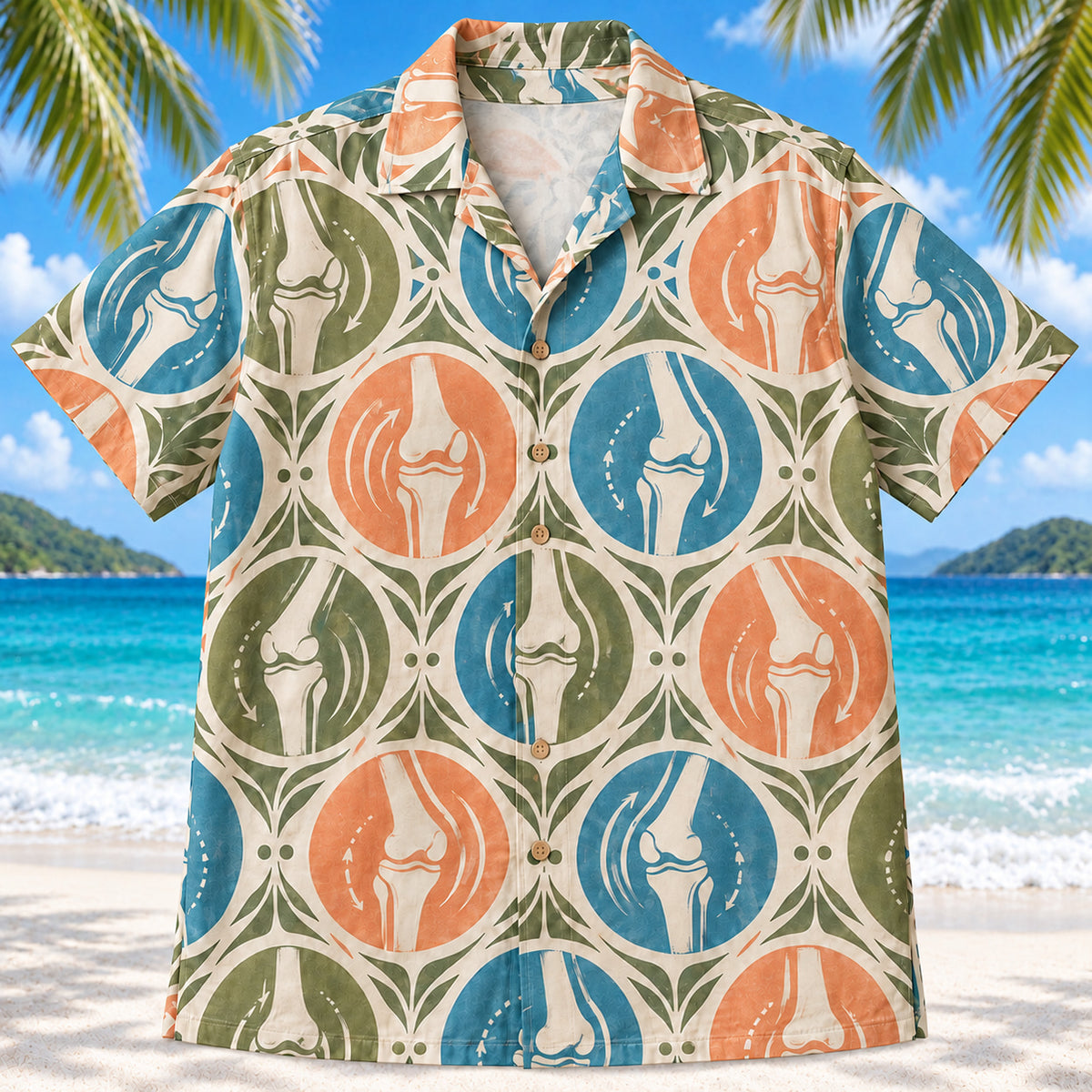Front view of Joint Motion Sunset Physical Therapist Hawaiian Shirt on a Hawaiian beach with fine white sand