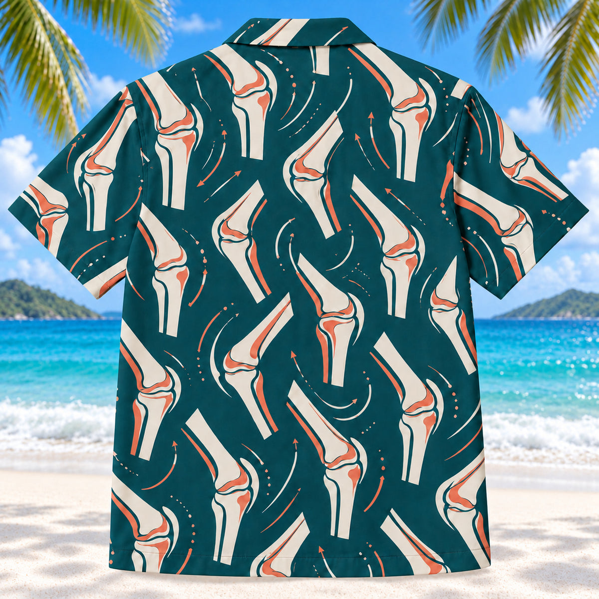 Back view of Joint Motion Teal Physical Therapist Hawaiian Shirt on a Hawaiian beach with fine white sand