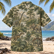 Back view of Ancient Fern Field Dinosaur Hawaiian Shirt with matching artwork in moss, mint, tan