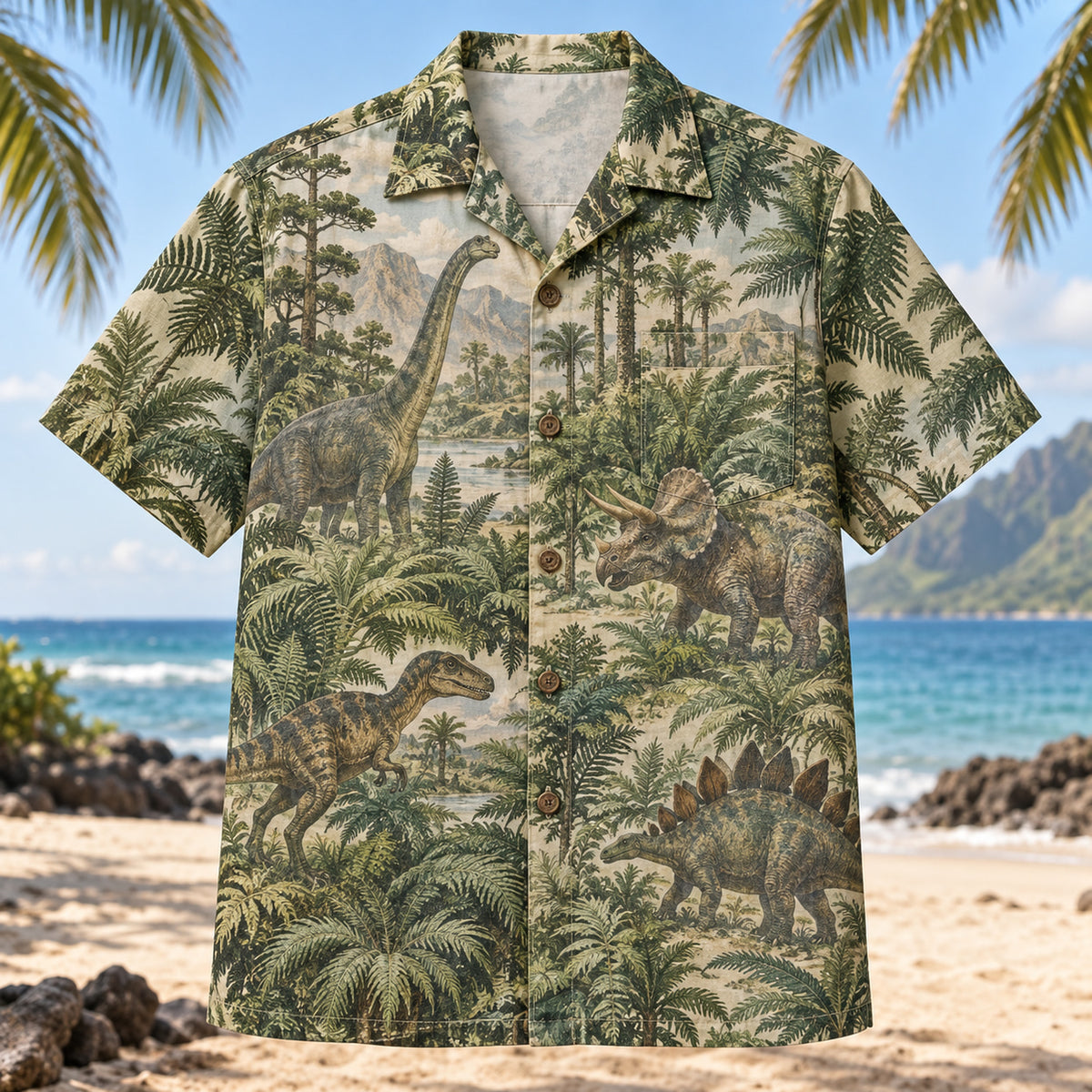 Front view of Ancient Fern Field Dinosaur Hawaiian Shirt with original dinosaur silhouettes among dense ancient ferns