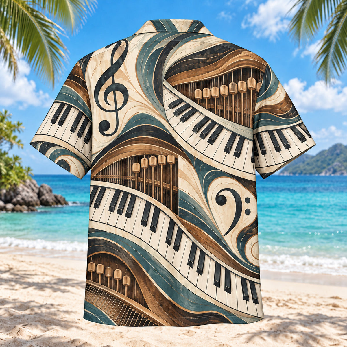 Back view of Keys and Waves Piano Hawaiian Shirt with piano-key arcs, stylized strings and hammers, abstract clef shapes and teal waves