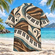 Back view of Keys and Waves Piano Hawaiian Shirt with piano-key arcs, stylized strings and hammers, abstract clef shapes and teal waves