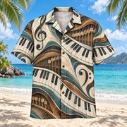 Front view of Keys and Waves Piano Hawaiian Shirt with piano-key arcs, stylized strings and hammers, abstract clef shapes and teal waves