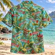 Back view of Killifish Botanical Freshwater Aquarium Hawaiian Shirt with matching artwork in turquoise, red, olive