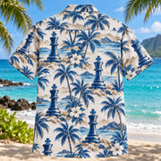 Back view of King Coast Chess Hawaiian Shirt with matching artwork in cobalt, sand, white