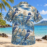 Back view of Kingfisher Lagoon Birdwatching Hawaiian Shirt with matching bird artwork in cobalt, slate, cream