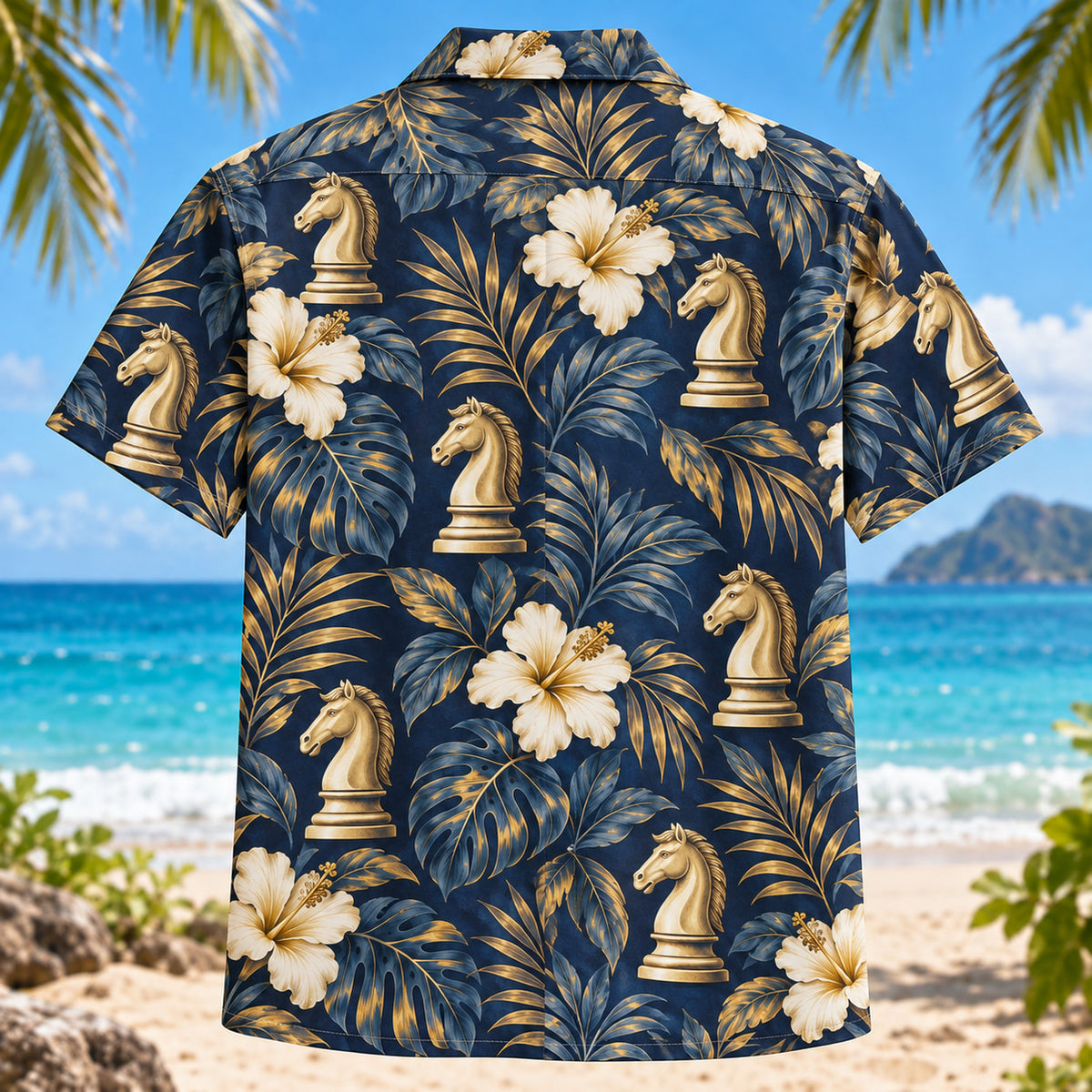 Back view of Knight Botanical Chess Hawaiian Shirt with matching artwork in navy, ivory, gold