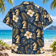 Back view of Knight Botanical Chess Hawaiian Shirt with matching artwork in navy, ivory, gold