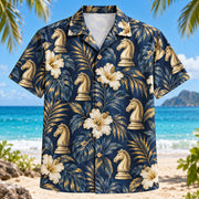 Front view of Knight Botanical Chess Hawaiian Shirt with generic chess knight pieces among tropical botanical leaves