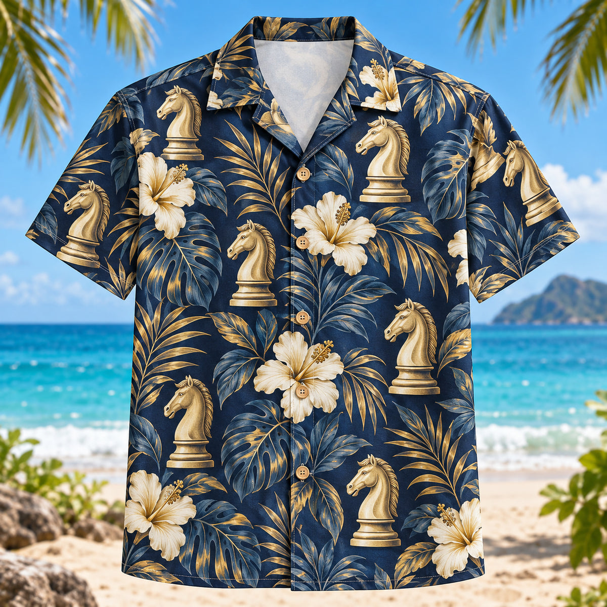 Front view of Knight Botanical Chess Hawaiian Shirt with generic chess knight pieces among tropical botanical leaves