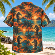 Back view of Knight Sunset Chess Hawaiian Shirt with matching artwork in rust, gold, teal