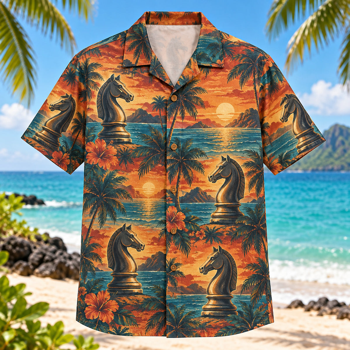 Front view of Knight Sunset Chess Hawaiian Shirt with generic knight chess pieces against sunset palms