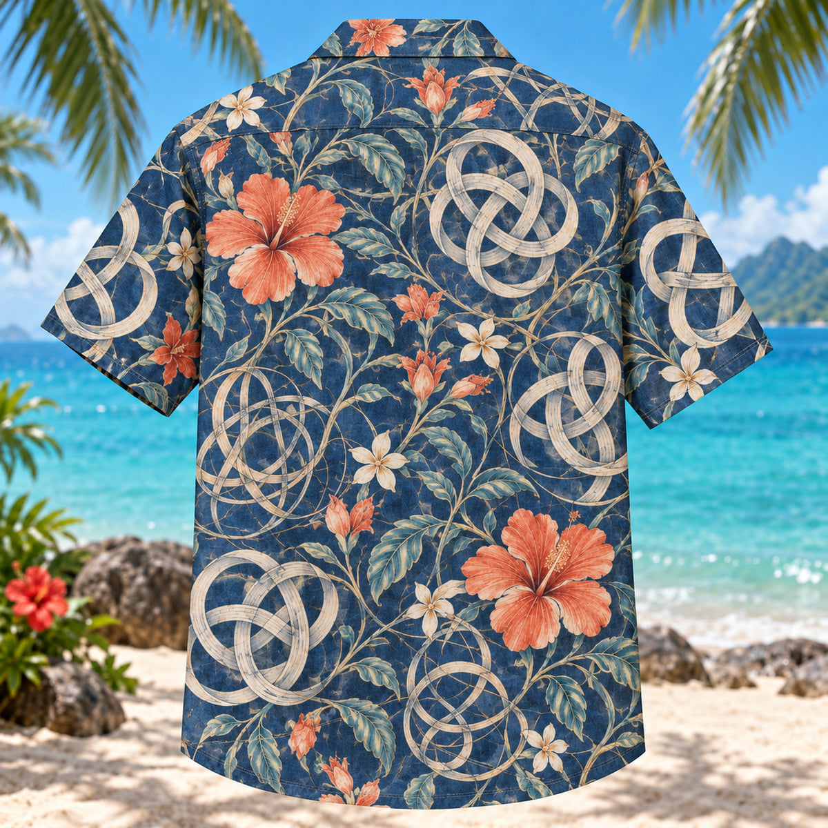 Back view of Knot Theory Mathematics Hawaiian Shirt with matching artwork in indigo, coral, cream