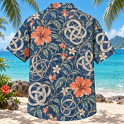 Back view of Knot Theory Mathematics Hawaiian Shirt with matching artwork in indigo, coral, cream