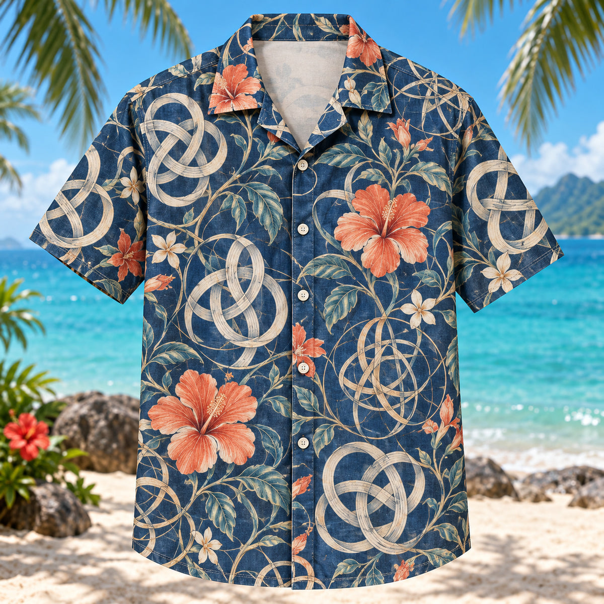 Front view of Knot Theory Mathematics Hawaiian Shirt with mathematical knot curves woven with original botanical vines