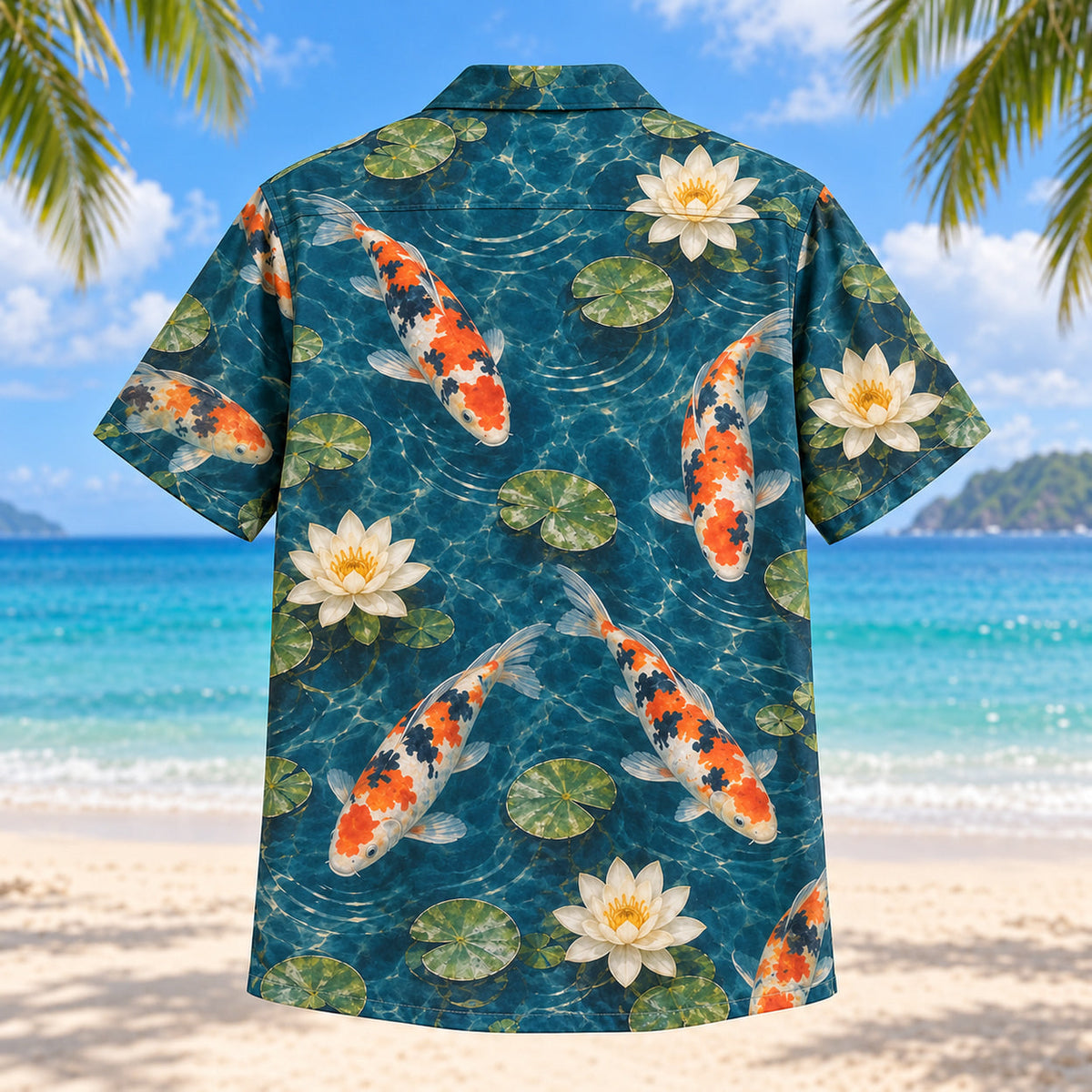 Back view of koi fish Hawaiian shirt with water lilies on deep teal