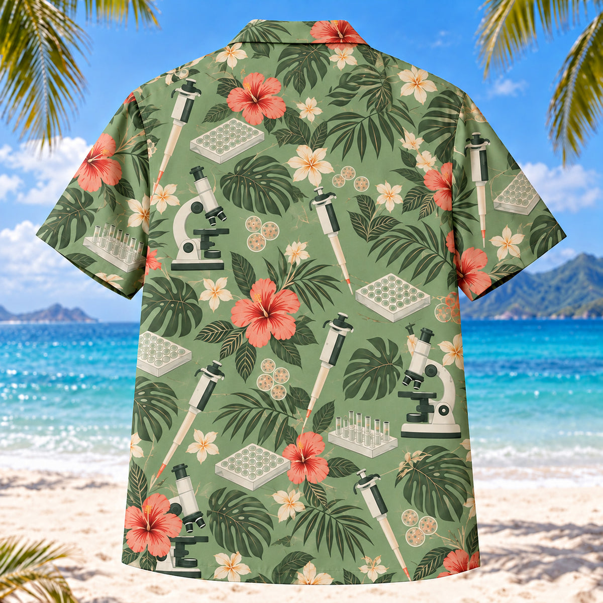 Back view of Lab Garden Sage Medical Laboratory Technologist Hawaiian Shirt with matching artwork in sage, ivory, muted coral