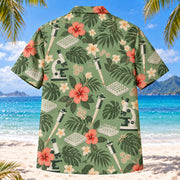 Back view of Lab Garden Sage Medical Laboratory Technologist Hawaiian Shirt with matching artwork in sage, ivory, muted coral