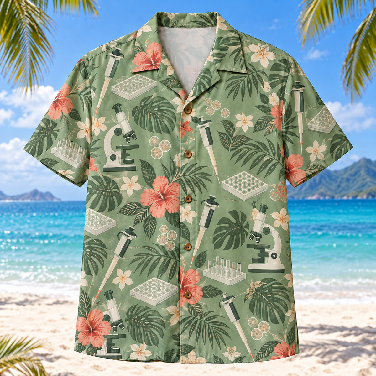 Front view of Lab Garden Sage Medical Laboratory Technologist Hawaiian Shirt with original unbranded pipettes, empty sample trays, stylized microscopes, abstract circles and tropical botanicals