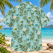 Back view of Lab Glassware Chemistry Hawaiian Shirt with matching artwork in aqua, ivory, olive