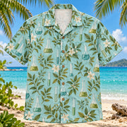 Front view of Lab Glassware Chemistry Hawaiian Shirt with generic flasks and beakers in a clean botanical repeat