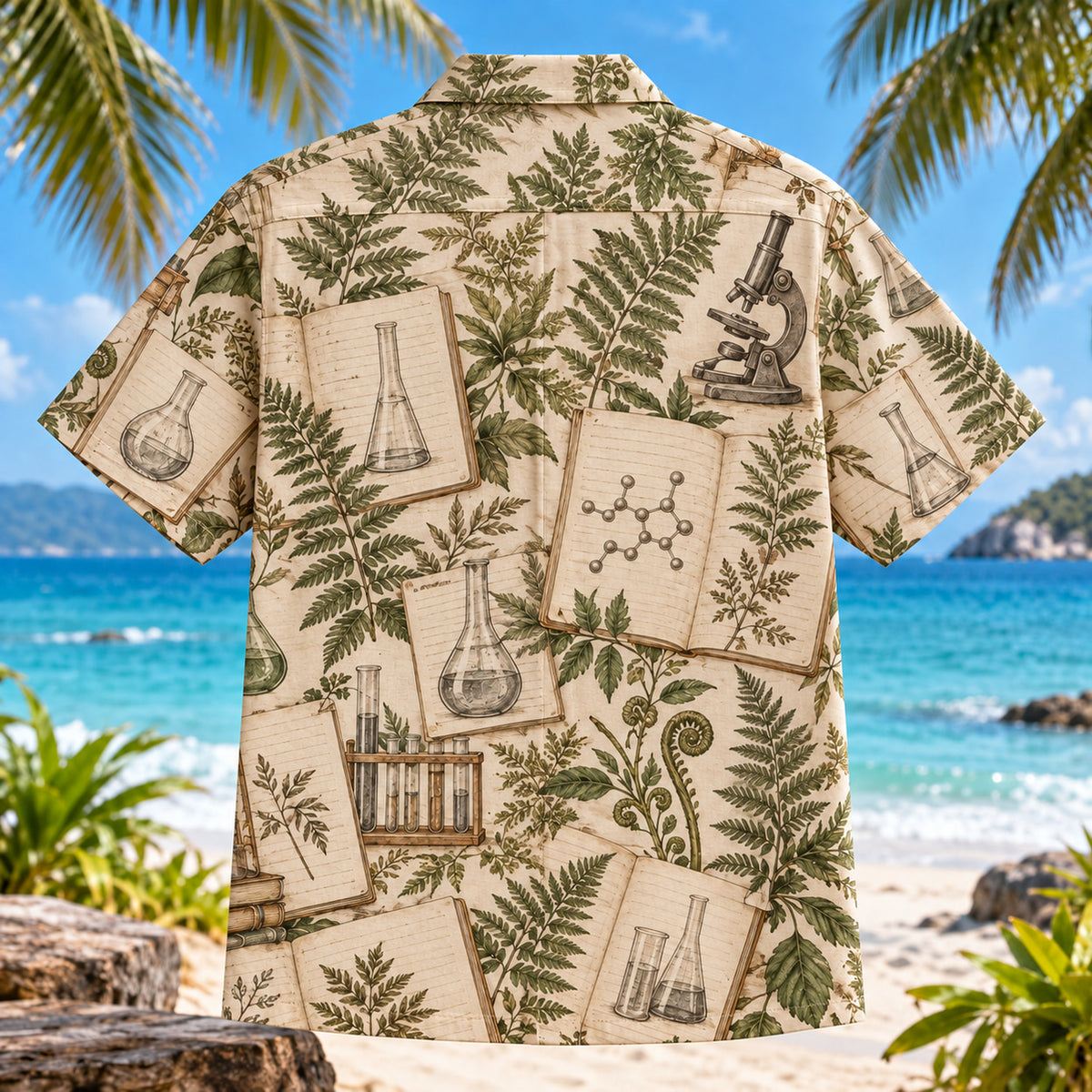 Back view of Lab Notebook Chemistry Hawaiian Shirt with matching artwork in sepia, sage, ivory