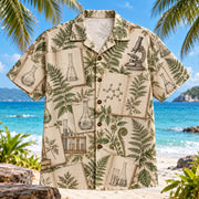 Front view of Lab Notebook Chemistry Hawaiian Shirt with blank lab notebook pages with glassware illustrations and ferns
