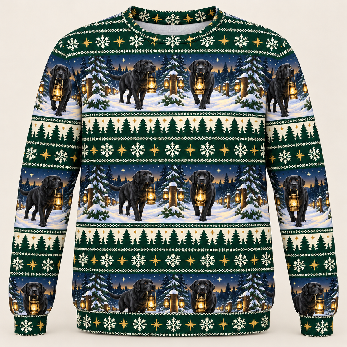 Black Labrador Christmas Lantern Trail all-over-print sweater front view