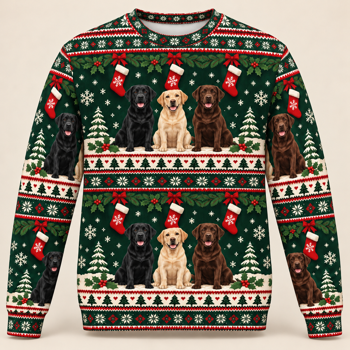 Labrador Christmas Stockings all-over-print sweater front view