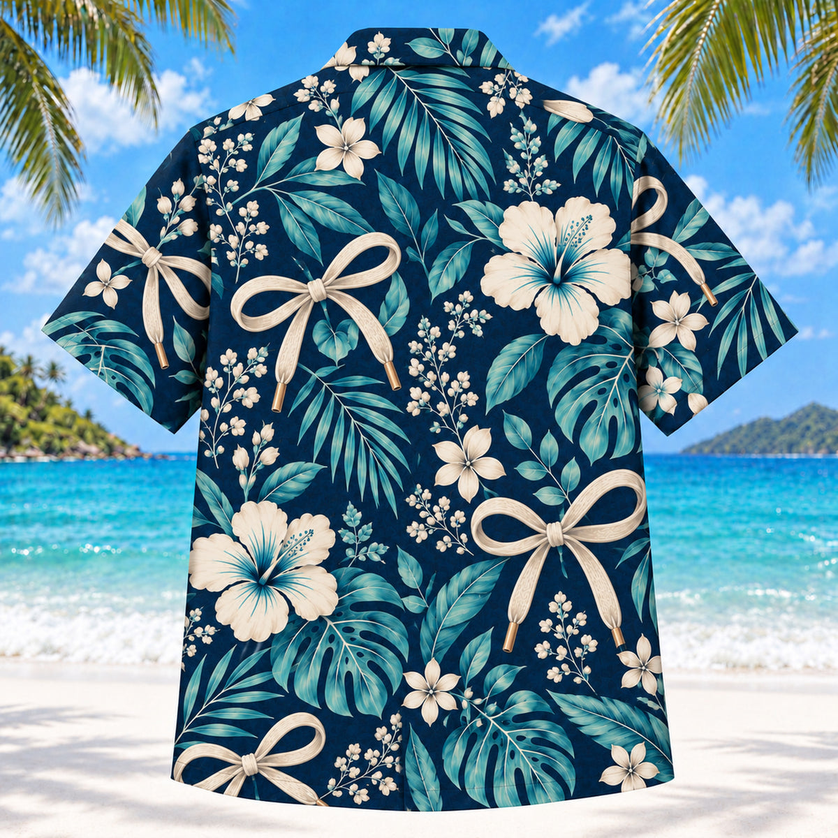 Back view of Lace and Leaf Navy Occupational Therapist Hawaiian Shirt with matching artwork in navy, aqua, warm cream