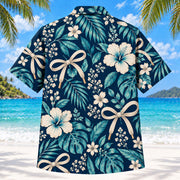 Back view of Lace and Leaf Navy Occupational Therapist Hawaiian Shirt with matching artwork in navy, aqua, warm cream