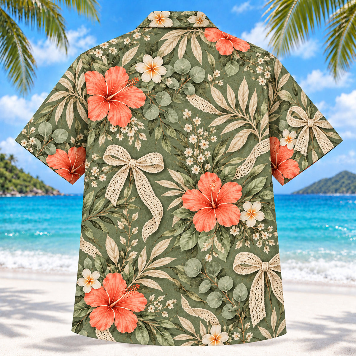 Back view of Lace and Leaf Sage Occupational Therapist Hawaiian Shirt with matching artwork in sage, sand, coral
