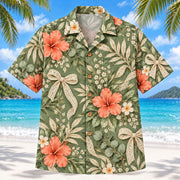 Front view of Lace and Leaf Sage Occupational Therapist Hawaiian Shirt with original generic laces, bows and botanical sprigs in a relaxed botanical clusters