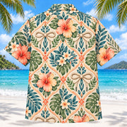 Back view of Lace and Leaf Sunset Occupational Therapist Hawaiian Shirt with matching artwork in sunset peach, sea blue, olive