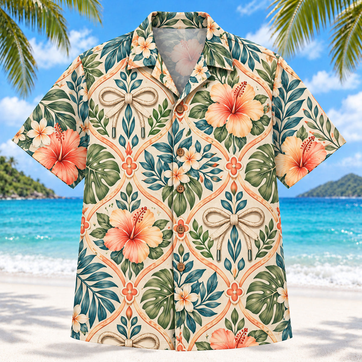 Front view of Lace and Leaf Sunset Occupational Therapist Hawaiian Shirt with original generic laces, bows and botanical sprigs in a loose geometric medallions