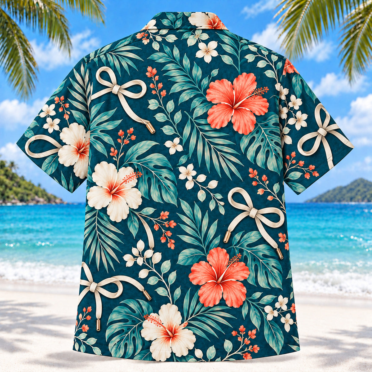 Back view of Lace and Leaf Teal Occupational Therapist Hawaiian Shirt with matching artwork in deep teal, ivory, coral
