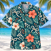 Front view of Lace and Leaf Teal Occupational Therapist Hawaiian Shirt with original generic laces, bows and botanical sprigs in a airy diagonal repeat