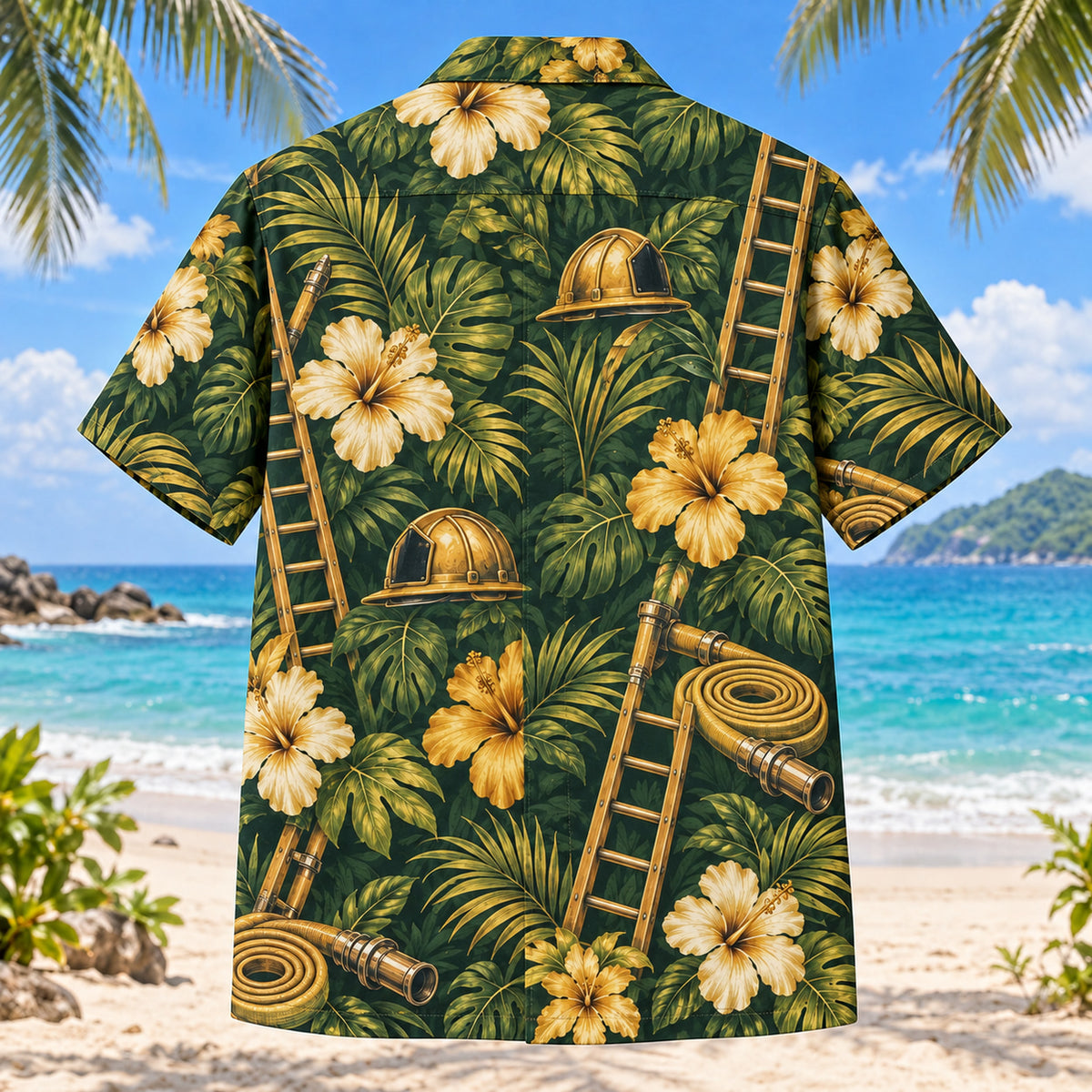 Back view of Ladder Firefighter Hawaiian Shirt with matching artwork in forest, gold, cream