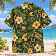 Back view of Ladder Firefighter Hawaiian Shirt with matching artwork in forest, gold, cream